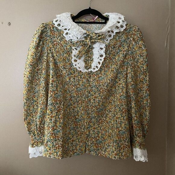 Celia B Sz M Corduroy Virginia Floral Peasant Top Blouse Lace Trim NWT - Picture 12 of 12